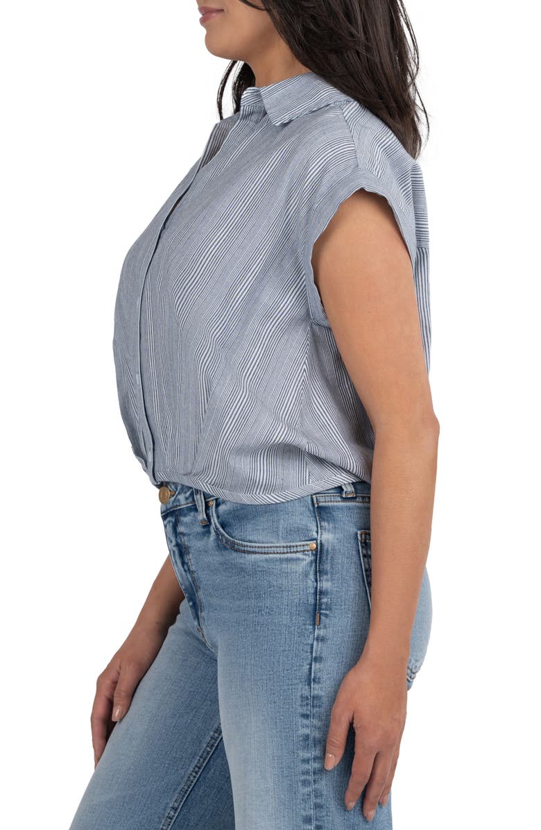 KUT from the Kloth Gaia Pleat Hem Short Sleeve Button-Up Top, Alternate, color, Grey/ White