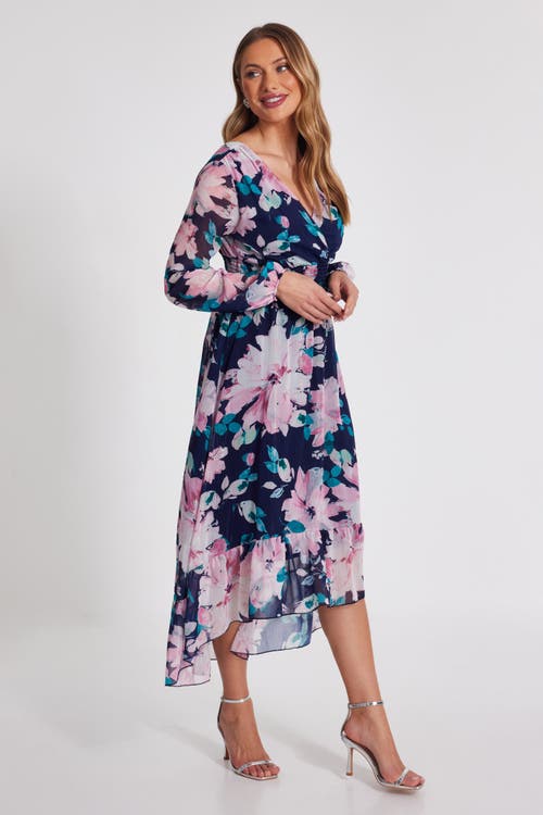 Quiz Floral Chiffon Glitter Long Sleeve Maxi Dress In Navy