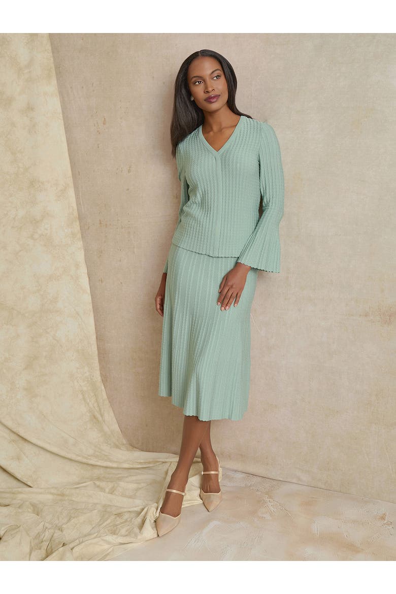 Scalloped Ribbed Knit Bell Sleeve Top, Alternate, color, Mystic Green