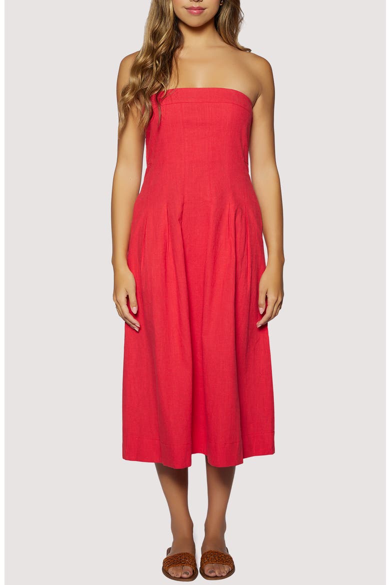 Ruby Breeze Strapless Cotton & LInen Midi Dress, Main, color, RED