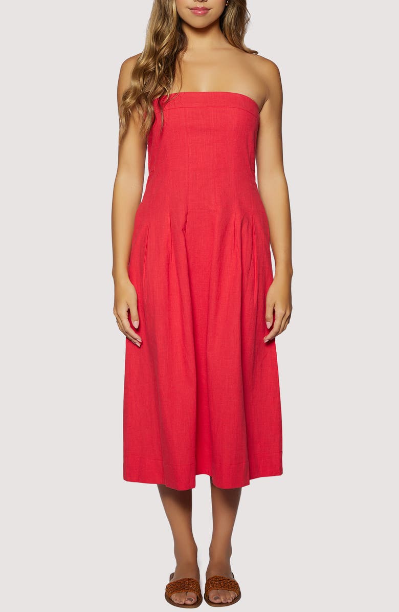 Lost + Wander Ruby Breeze Strapless Cotton & LInen Midi Dress, Main, color, Red