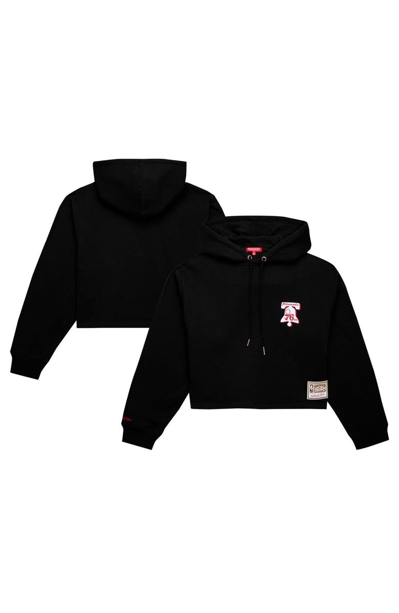 Mitchell & Ness Women's Mitchell & Ness Black Philadelphia 76ers Hardwood Classics Cropped Pullover Hoodie, Main, color, 