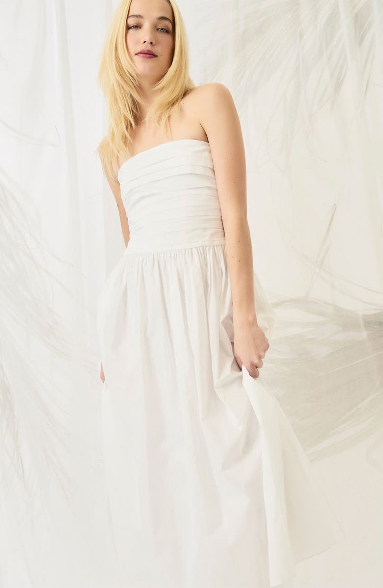 Luxely Pleated Strapless Cotton Midi Dress, Alternate, color, Cloud Dancer