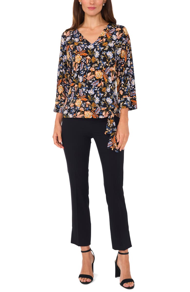 Chaus Floral Side Tie Top, Alternate, color, Black/ Denim/ Rust
