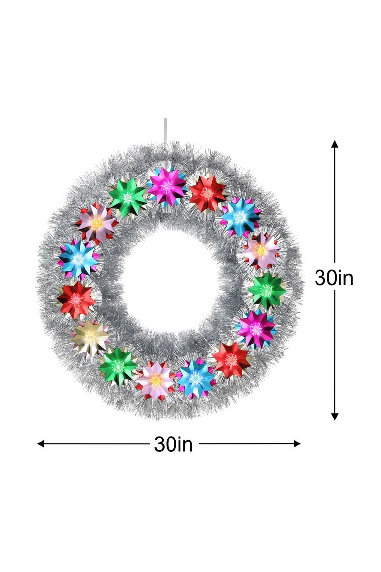 30 in. Tinsel Wreath with Flower Pom-poms, Alternate, color, Multicolored