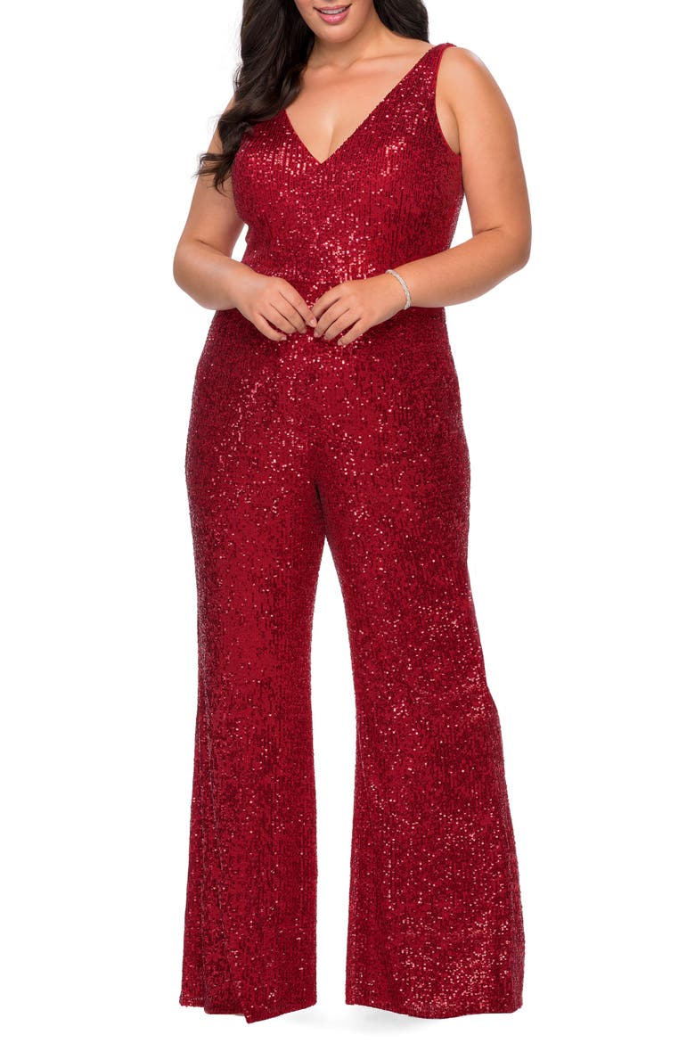 Sequin Plus SIze Jumpsuit with Plunging Neckline, Main, color, Red