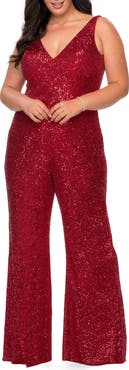 La Femme Sequin Plus SIze Jumpsuit with Plunging Neckline