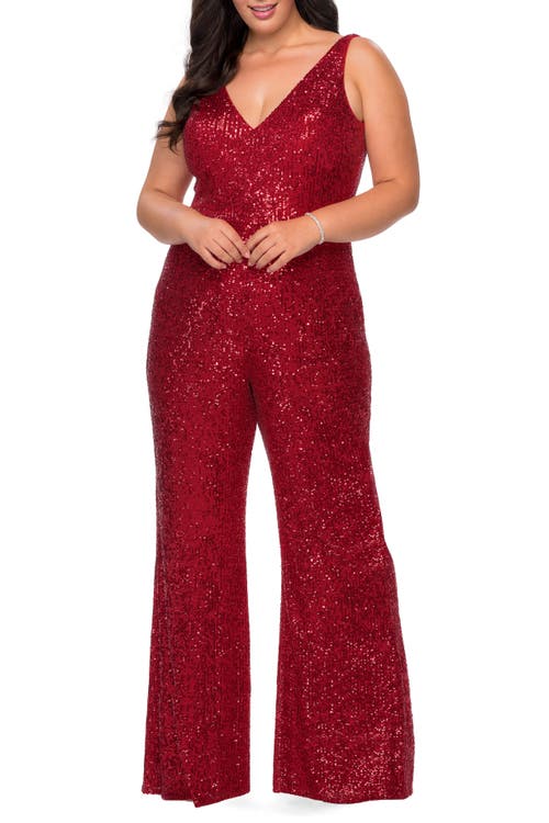 La Femme Sequin Plus Size Jumpsuit With Plunging Neckline