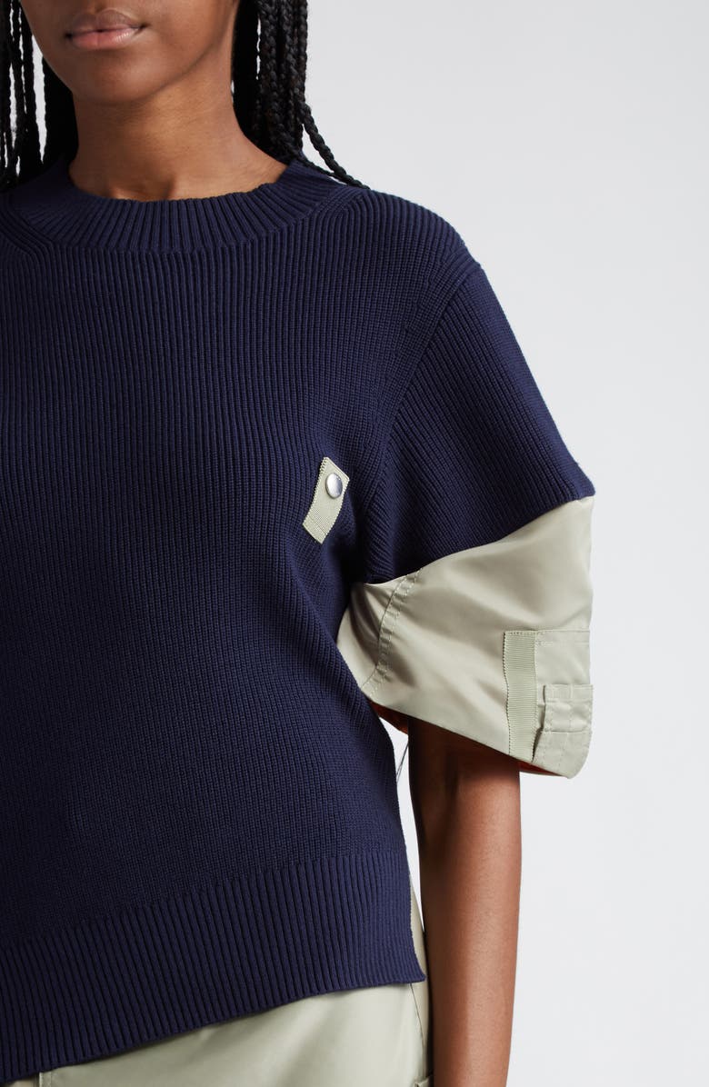 Sacai Mixed Media Asymmetric Cotton Blend Sweater, Alternate, color,