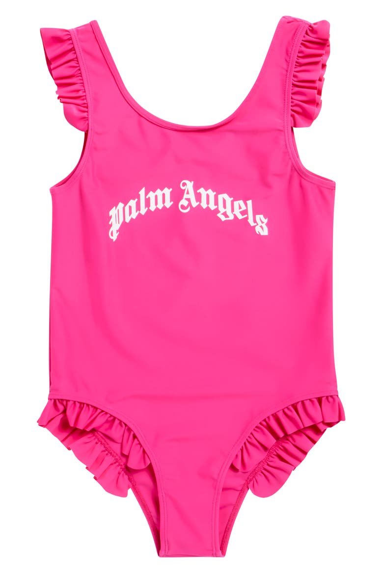 Curved Logo One-Piece Swimsuit, Main, color, FUCHSIA WHITE