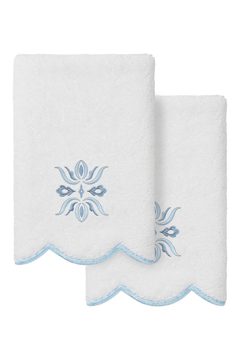 Flower Crest Scalloped Set of 2 Washcloths, Main, color, WHITE/ BLUE
