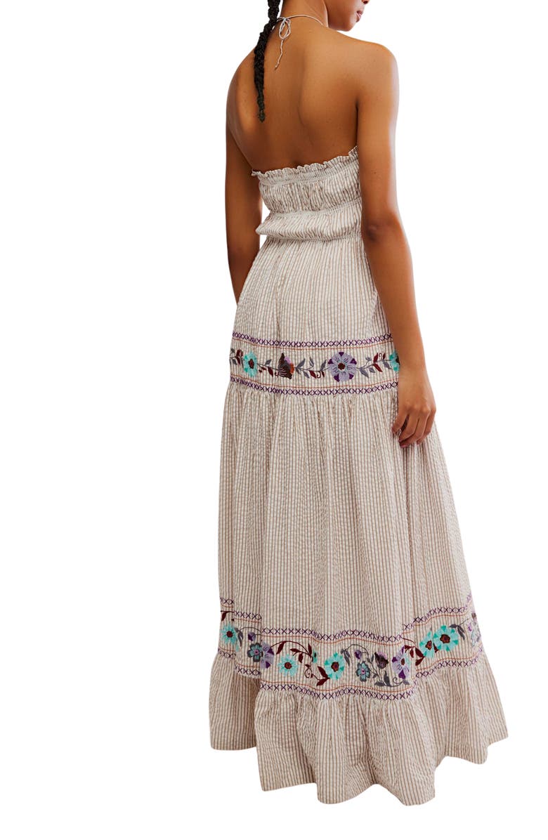 Free People Kalani Stripe Embroidered Halter Neck Cotton Maxi Dress, Alternate, color, Ivory Stripe Combo