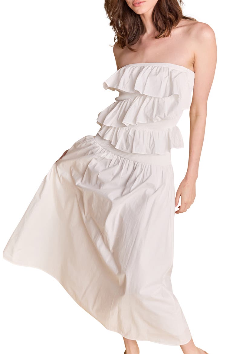 Mixed Media Ruffle Strapless Maxi Dress, Alternate, color, WHITE