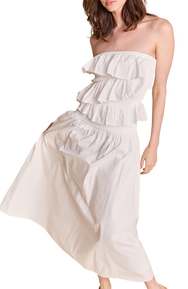 Endless Rose Mixed Media Ruffle Strapless Maxi Dress, Alternate, color, White