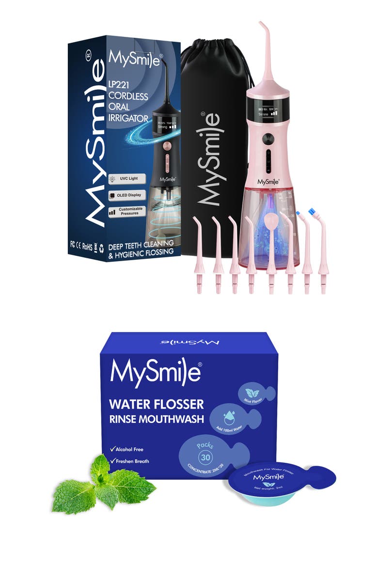 LP221 Cordless UVC Sterilizable Water Flosser with Mouthwash Pods Bundle, Main, color, Pink