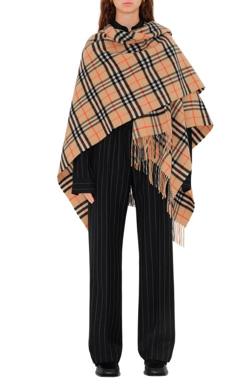 Burberry Charlotte Cape With Plaid Pattern And Fringe In Sand