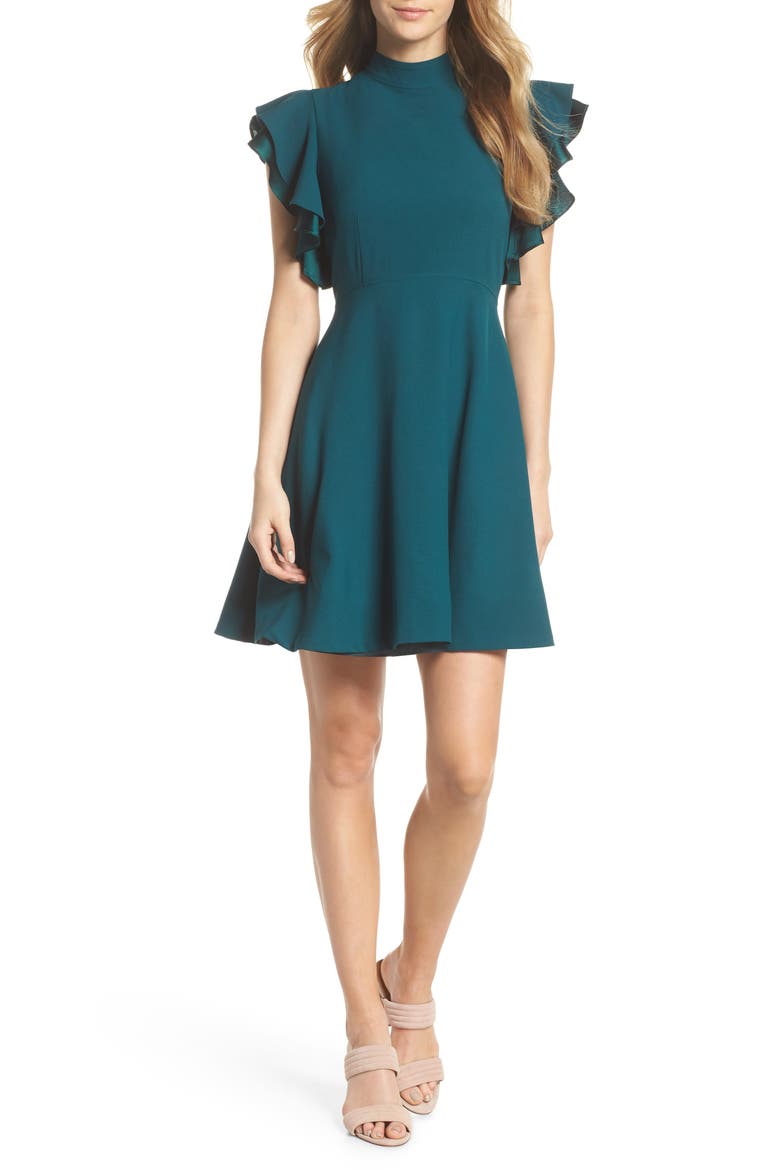 Crepe Fit & Flare Dress, Main, color, TEAL DEEP