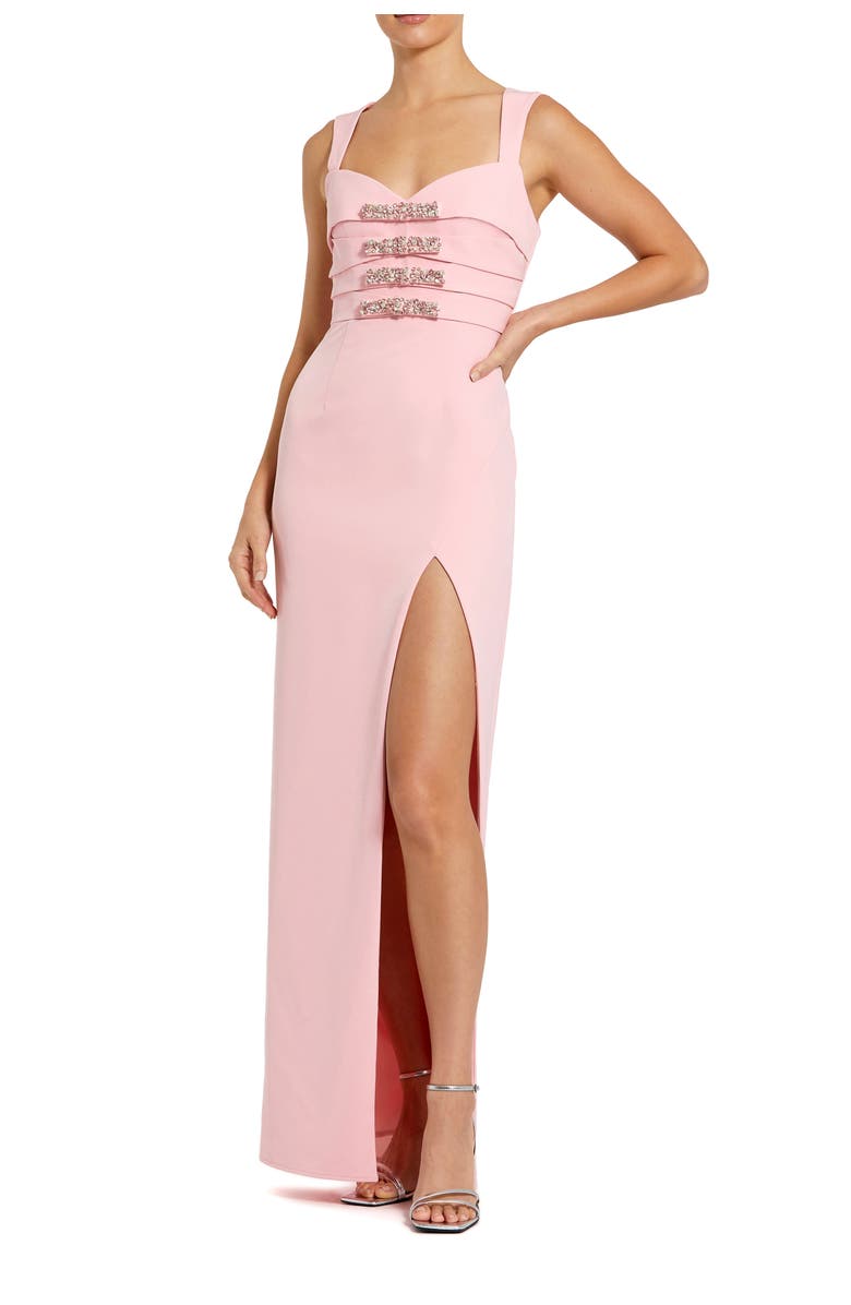 Mac Duggal Sleeveless Crepe Gown With Embellished Bows, Main, color, Blush