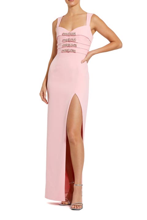 Sleeveless Crepe Gown With Embellished Bows