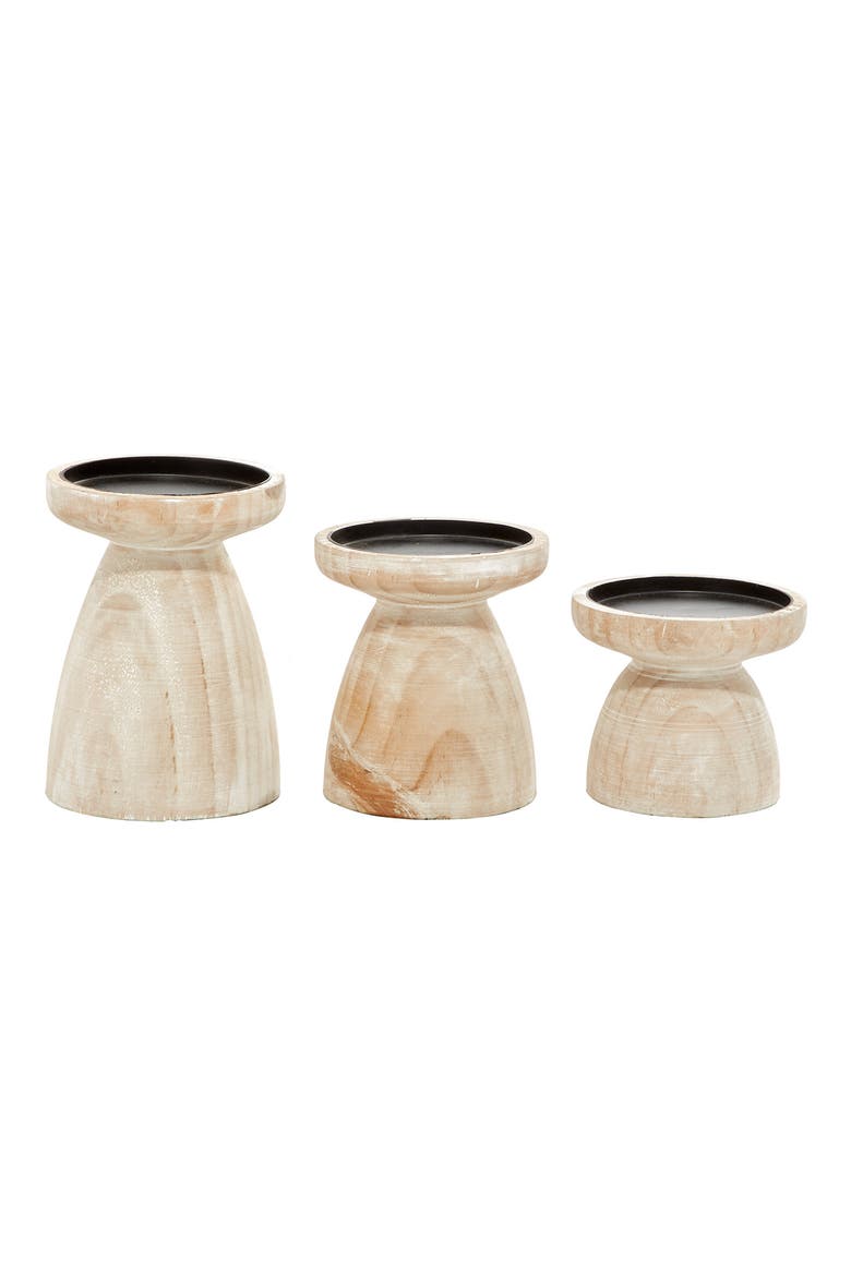 Brown Wood Pillar Candle Holder with Whitewash Finish - Set of 3, Main, color, BROWN