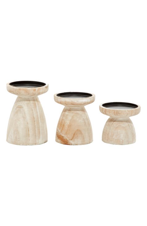 Brown Wood Pillar Candle Holder with Whitewash Finish - Set of 3