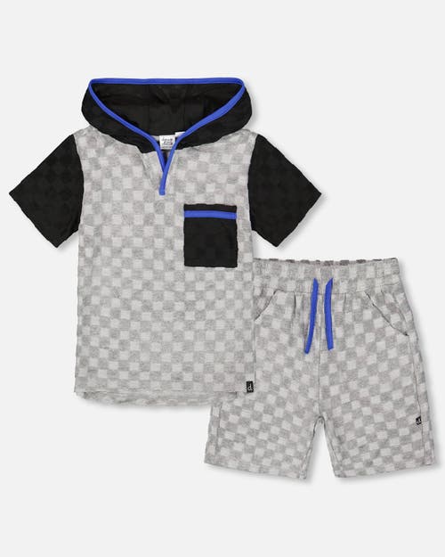 DEUX PAR DEUX DEUX PAR DEUX LITTLE BOY'S PRINTED HOODED TERRY TOP AND SHORTS SET GRAY AND BLACK