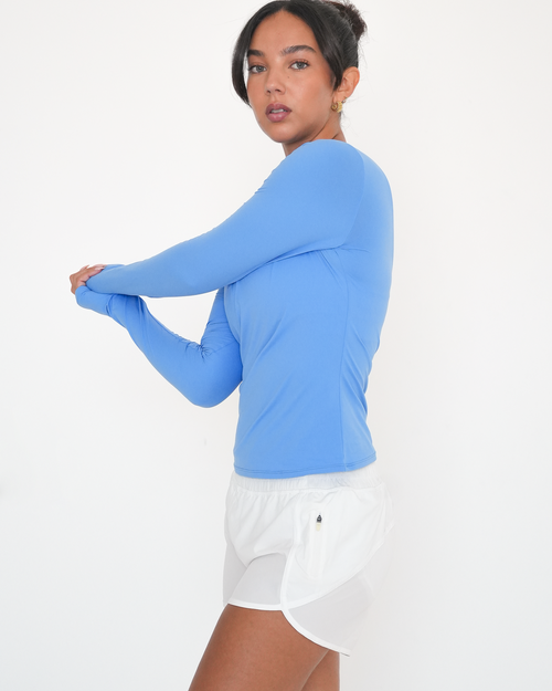 Rebody Active Raya Mid Length Compression Nylon Long Sleeve Top In Blue