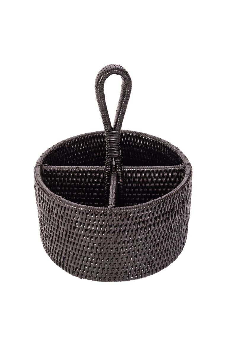 Artifacts Rattan Round 4 section Caddy/Cutlery Holder, Alternate, color, Tudor Black