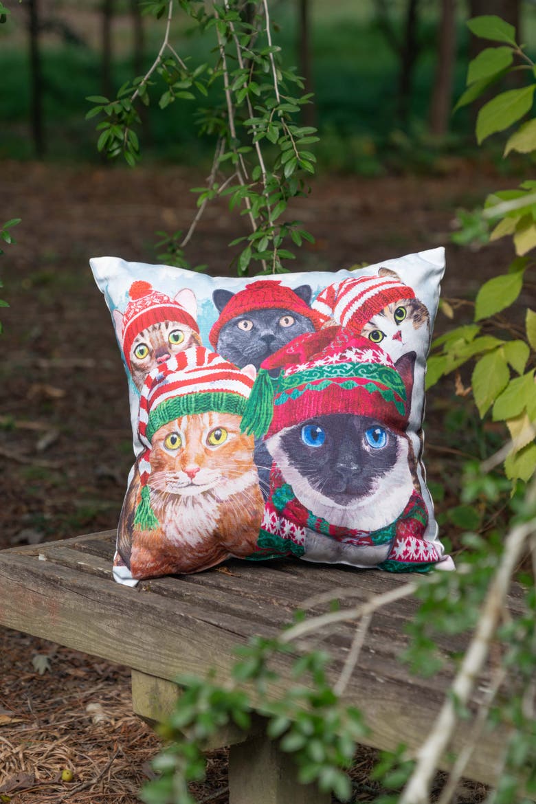 Winter Cats In Knitted Holiday Hats Christmas Throw Pillow 18" x 18", Alternate, color, Red