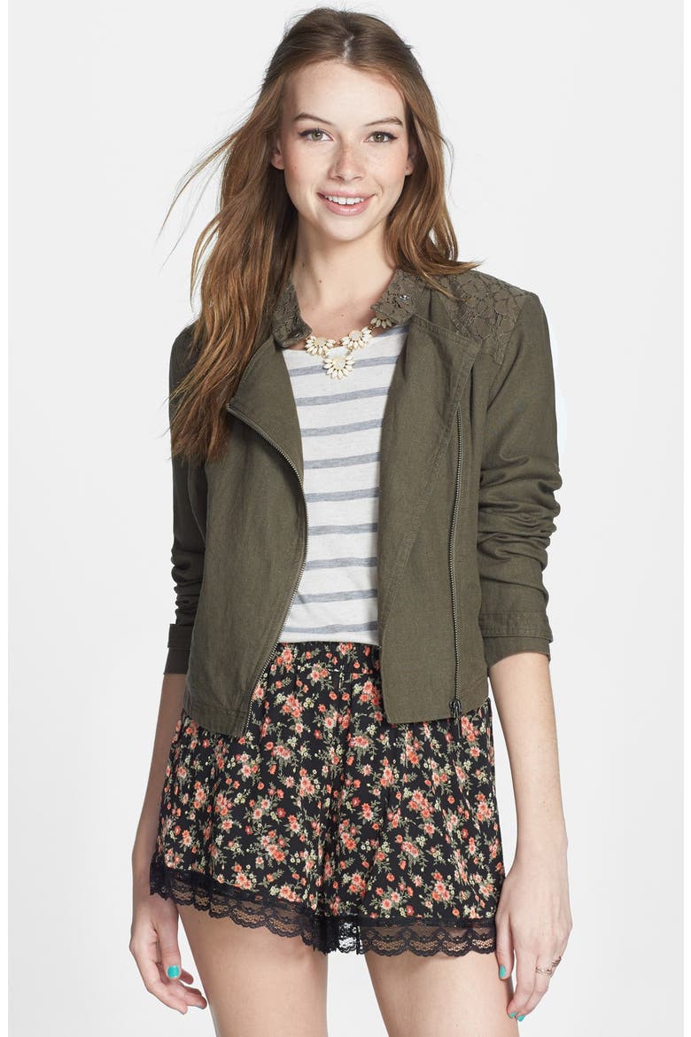 Lace Trim Floral Print Shorts, Main, color, BLACK FLORAL