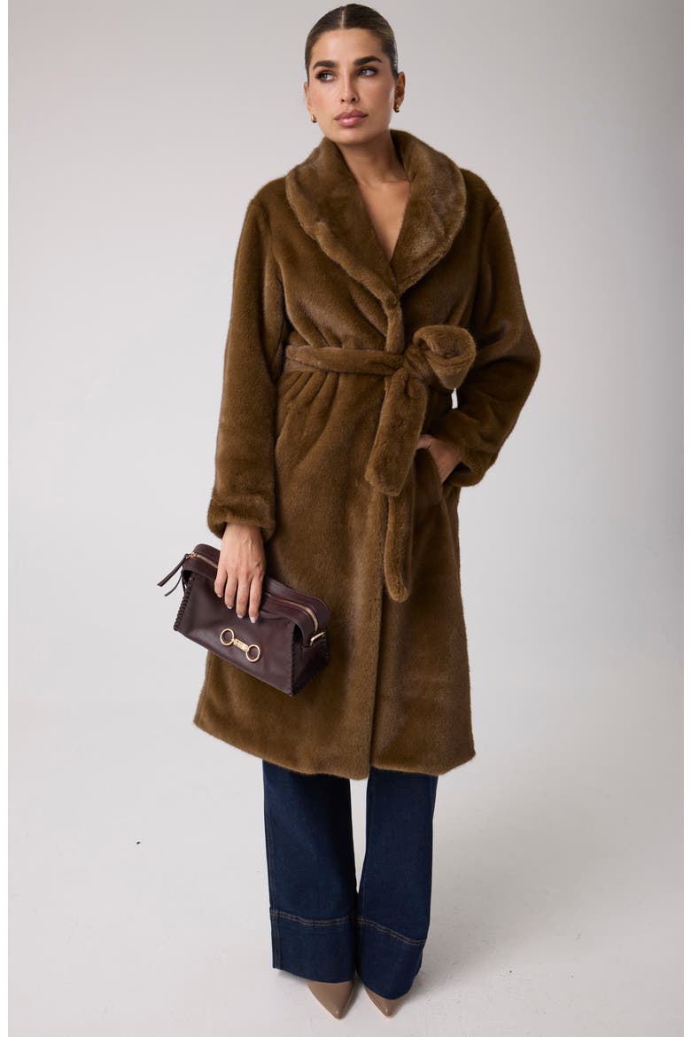 Monique Faux Fur Belted Coat, Alternate, color, OPEN BROWN