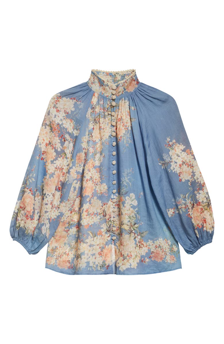 Zimmermann Cascadian Billow Linen Button-Up Shirt, Alternate, color, Blue Botanical Floral