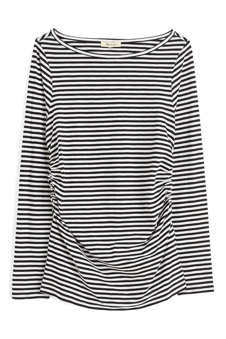 Stripe Ruched Crewneck Long Sleeve T-Shirt, Alternate, color, JET BLACK