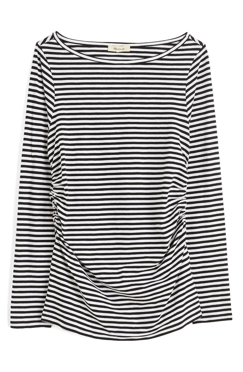 Madewell Stripe Ruched Crewneck Long Sleeve T-Shirt, Alternate, color, Jet Black