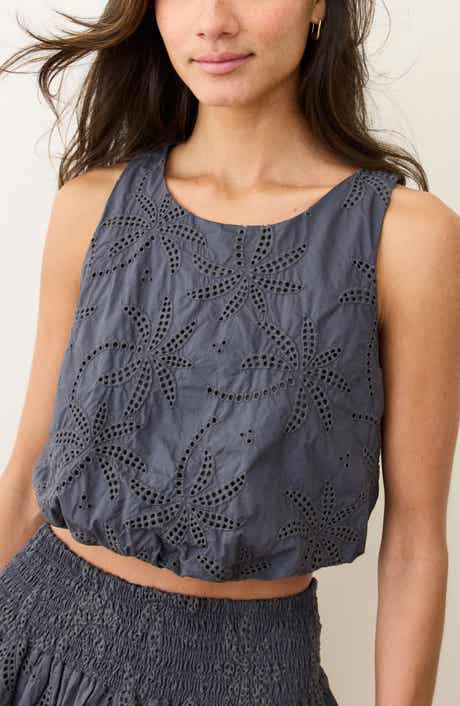 Marine Layer Sage Embroidered Eyelet Bubble Crop Tank