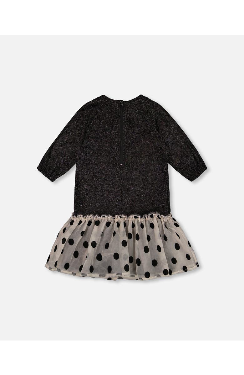 Deux par Deux Girl's Bi-Material Long Sleeve Dress With Frill Shimmering Black, Alternate, color, 
