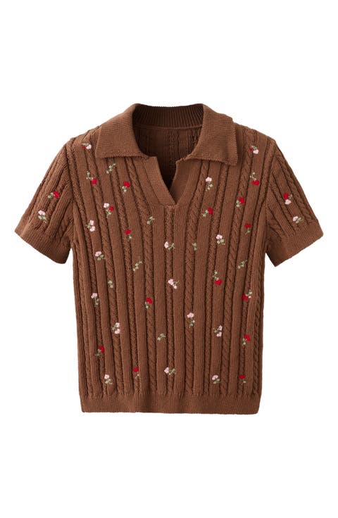Floral Embroidered Short Sleeve Sweater