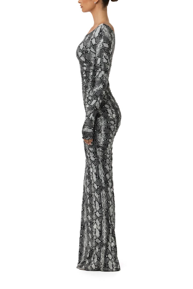 Ruched Off the Shoulder Long Sleeve Maxi Dress, Alternate, color, GREY SNAKESKIN