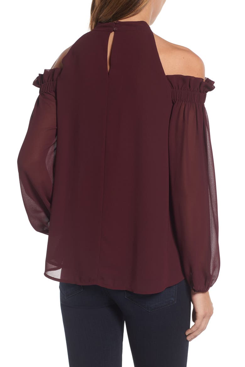 Ruffle Cold Shoulder Top, Alternate, color, BURGUNDY STEM