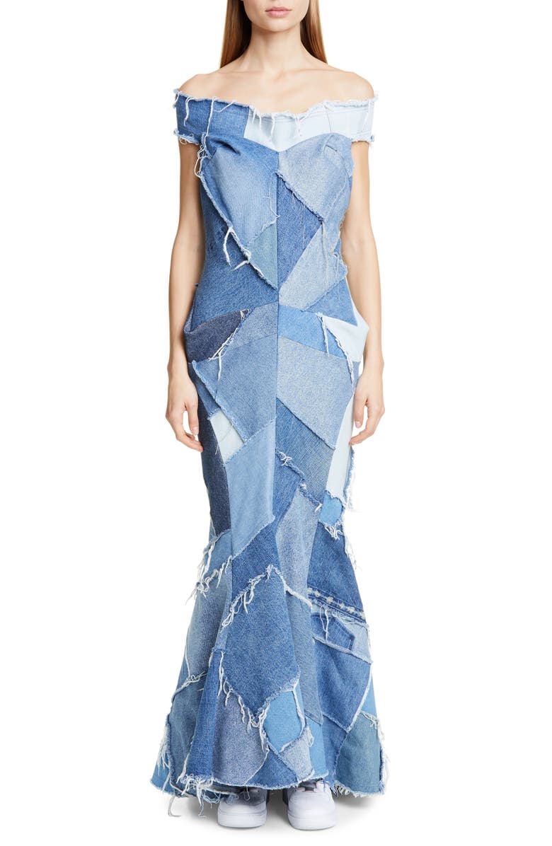Junya Watanabe Denim Patchwork Off the Shoulder Mermaid Dress, Main, color,