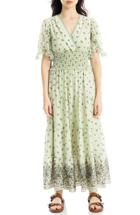 V-Neck Flutter Sleeve Smocked Waist Maxi Dress