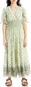 MAX STUDIO V-Neck Flutter Sleeve Smocked Waist Maxi Dress