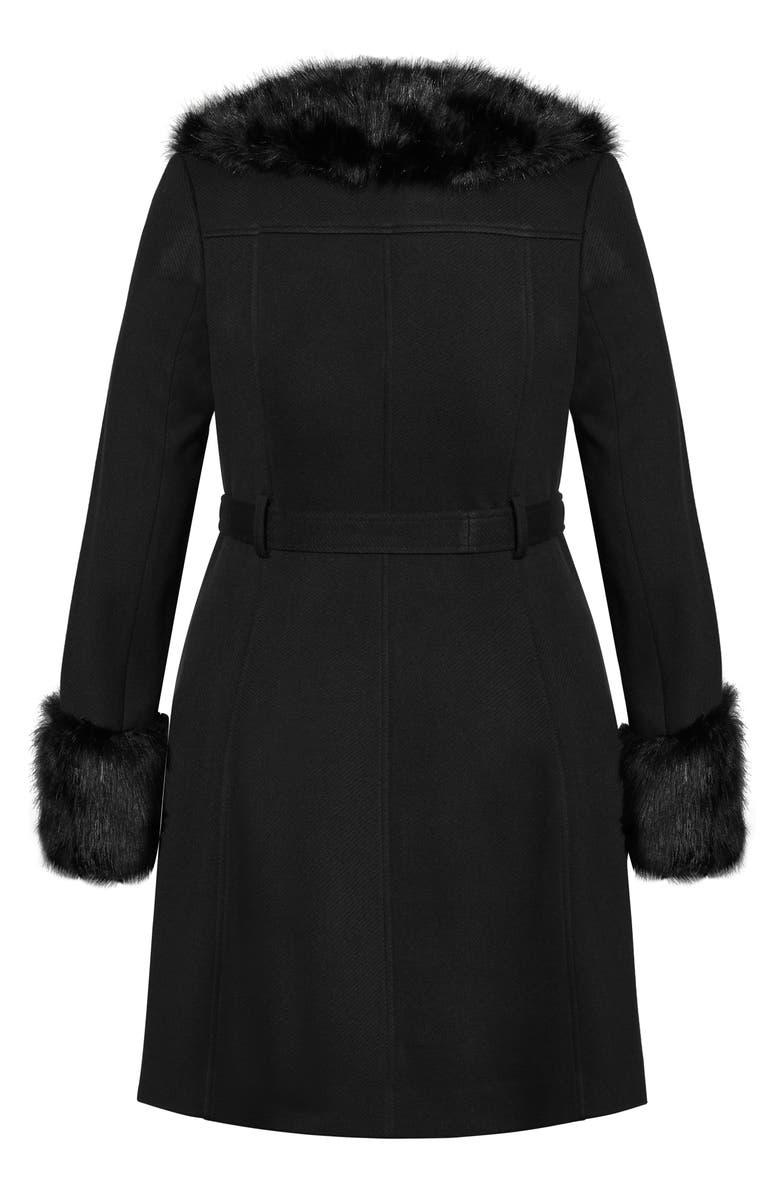 City Chic Blushing Belle Twill Coat with Faux Fur Collar, Alternate, color, Black