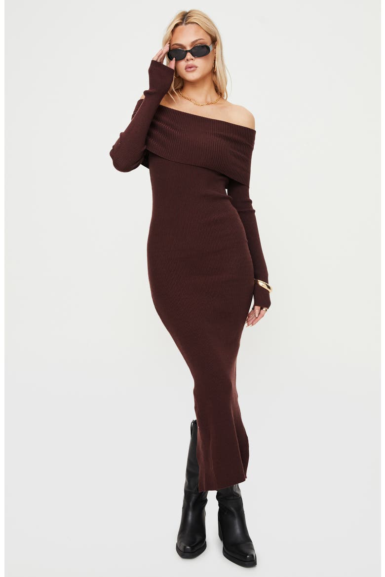 Phylis Off the Shoulder Long Sleeve Rib Maxi Dress, Alternate, color, CHOCOLATE