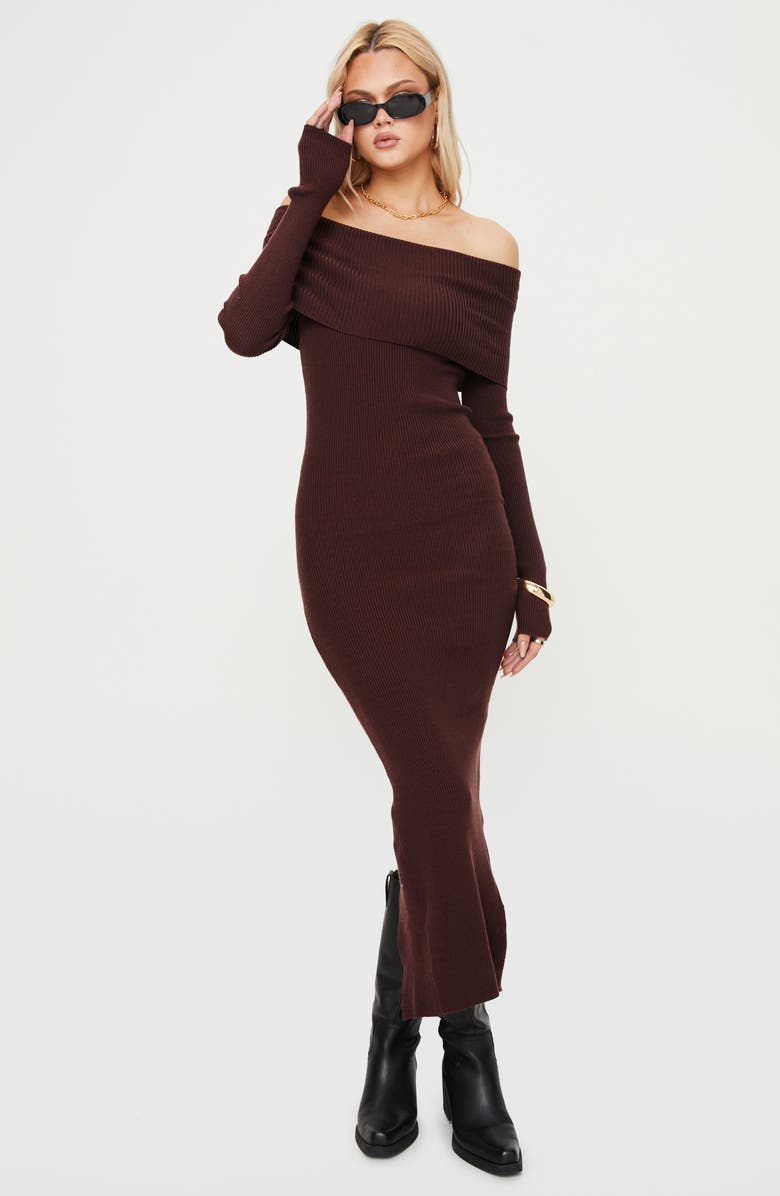 Princess Polly Phylis Off the Shoulder Long Sleeve Rib Maxi Dress, Alternate, color, Chocolate
