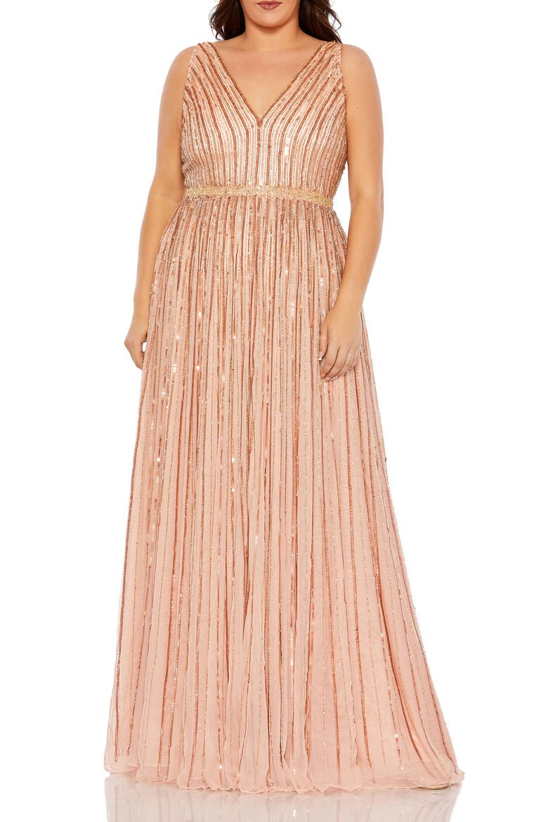 Sequined Striped Sleeveless V Neck A Line Gown, Main, color, APRICOT