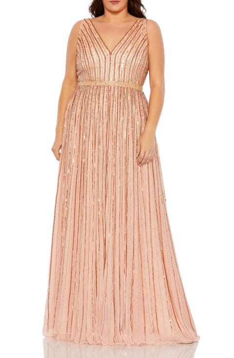 Sequined Striped Sleeveless V Neck A Line Gown