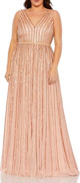 Mac Duggal Sequined Striped Sleeveless V Neck A Line Gown