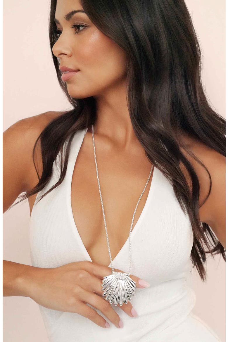 Cubic Zirconia Scalloped Shell Pendant Necklace, Alternate, color, SILVER
