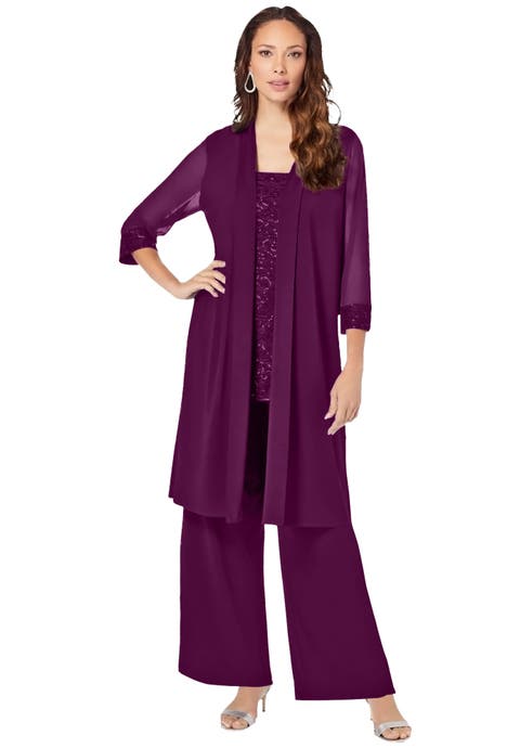 Plus-Size 3 Piece Knit Embellished Pant Set (Plus)